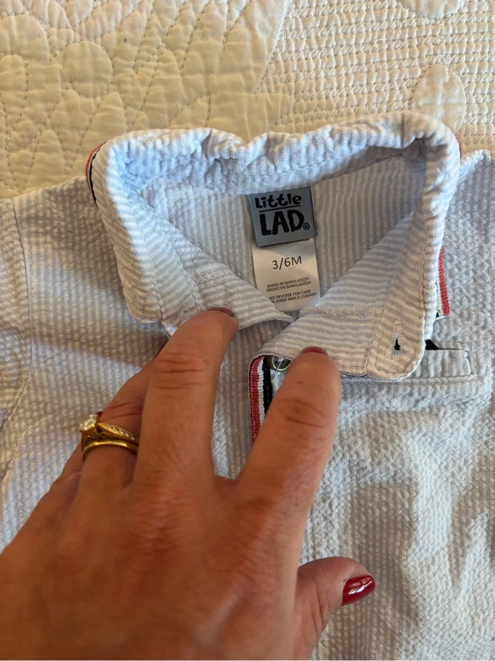 Seersucker Light Blue Pinstriped Baby Romper with Red & Navy Trim